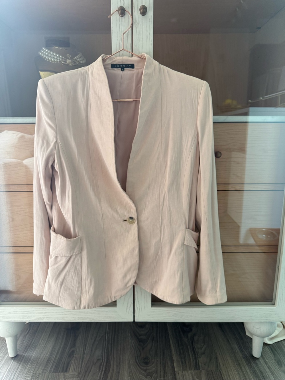 Theory Blush Pink Open Front Blazer Quiet Luxury Minimalist Jacket